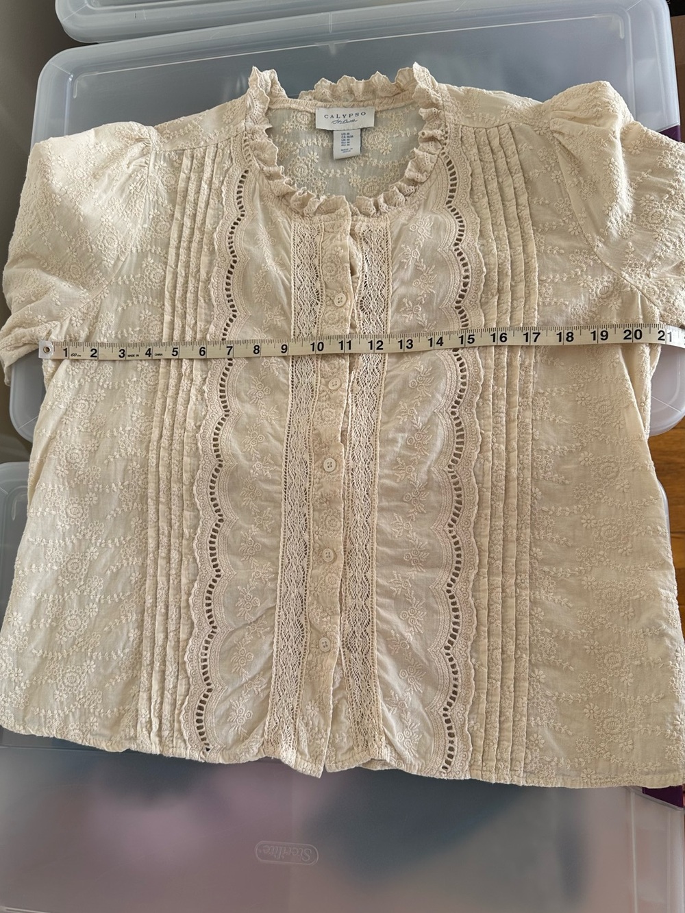 Calypso St. Barth Button Down Blouse Floral Embroidered Cream Cotton M Victorian - Picture 6 of 9